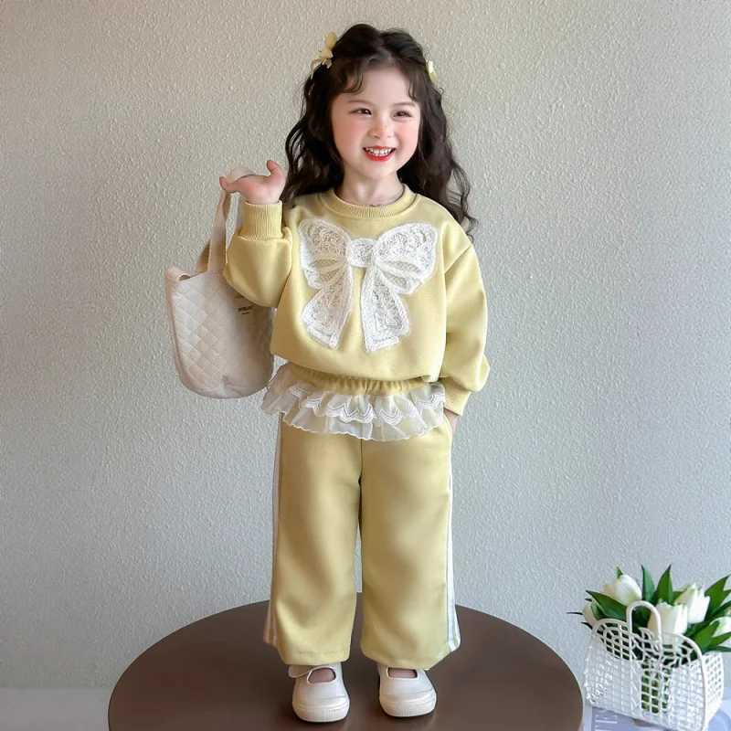 2025Spring New Spring and Autumn Lace Stylish Lace Sweatshirt Casual Girls Sweatpants TwoPiece Set C250912