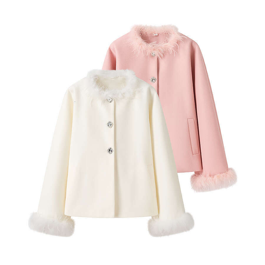 DHEssentials 2025 Spring New French Little Chanel Style Long Sleeve Fur Collar Short Wool Coat