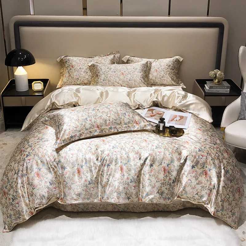 Floral Mulberry Silk Bedding Set with Duvet Cover Bed Sheet Luxury Highend Quilt Cover FittedFlat Bedsheet Double Queen Size C250912