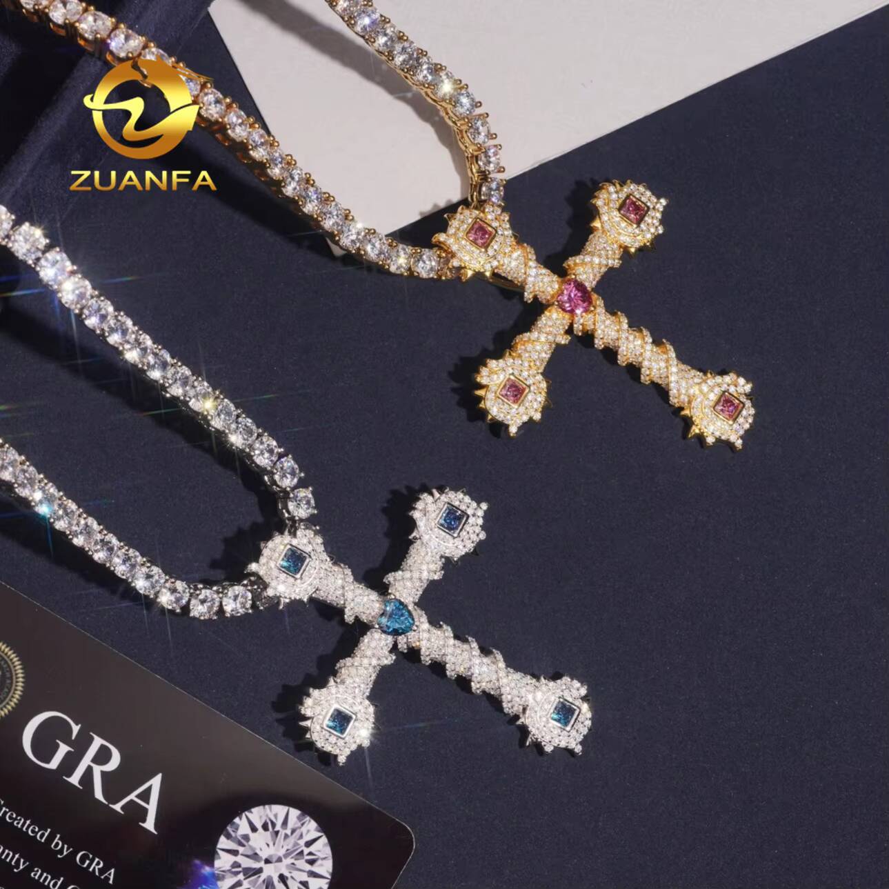 Spicky Cross Pendant Mixed Fancy Cut Sea Blue Pink Moissanite Pendants Iced Out Jewelry Custom Cross Pendant