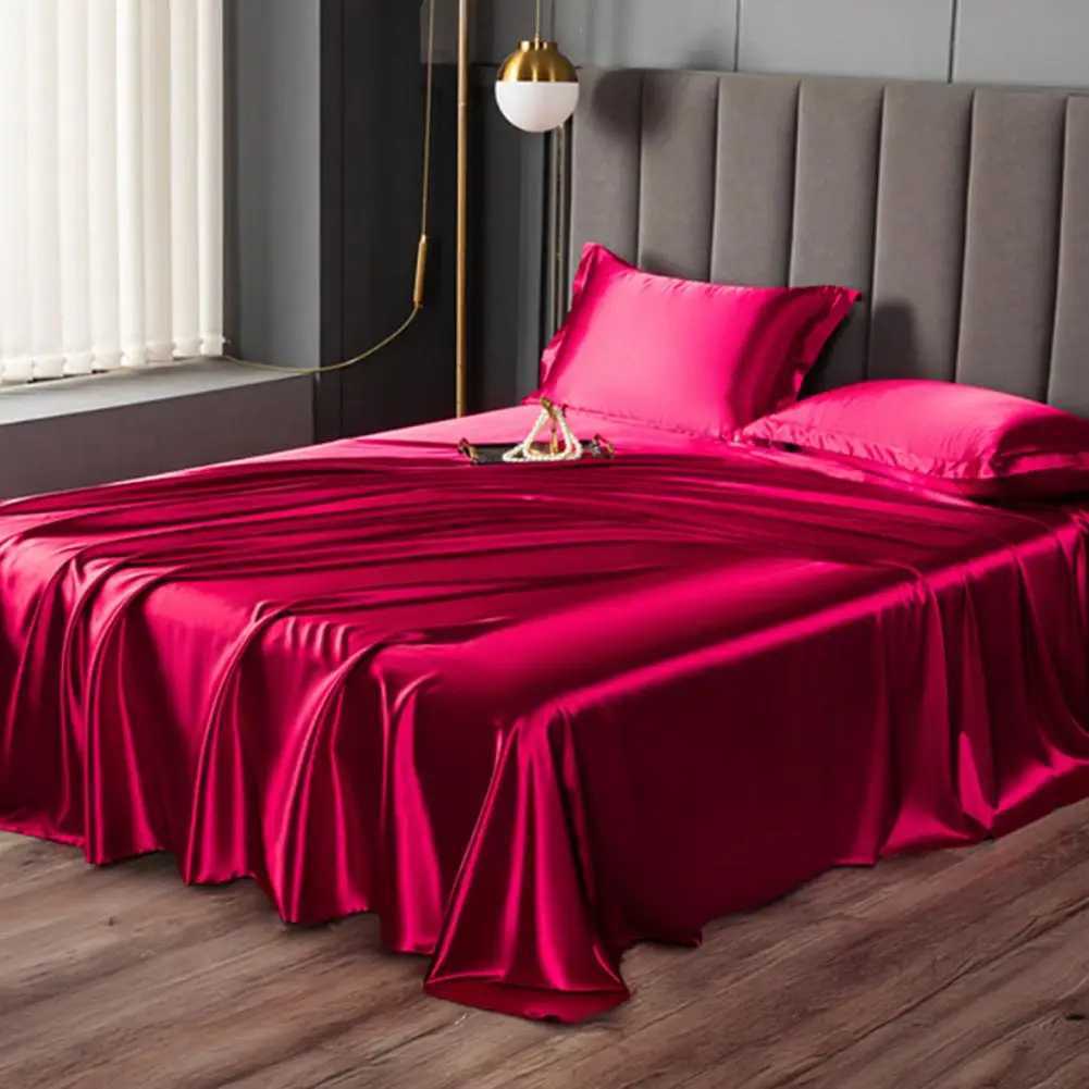 Glossy Satin Silk Bed Sheet With 2 Pillowcase TwinFullQueenTop Sheets Solid Color Flat Bed Sheets Smooth Bed Sheet Sets C250912