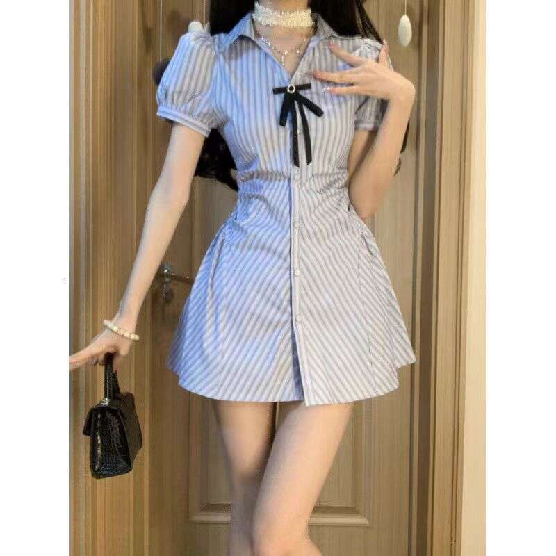 DHEssentials Little Chanel Style Striped Blue for Women Summer Petite Waist Slimming Short Polo Collar Shirt Dress Set