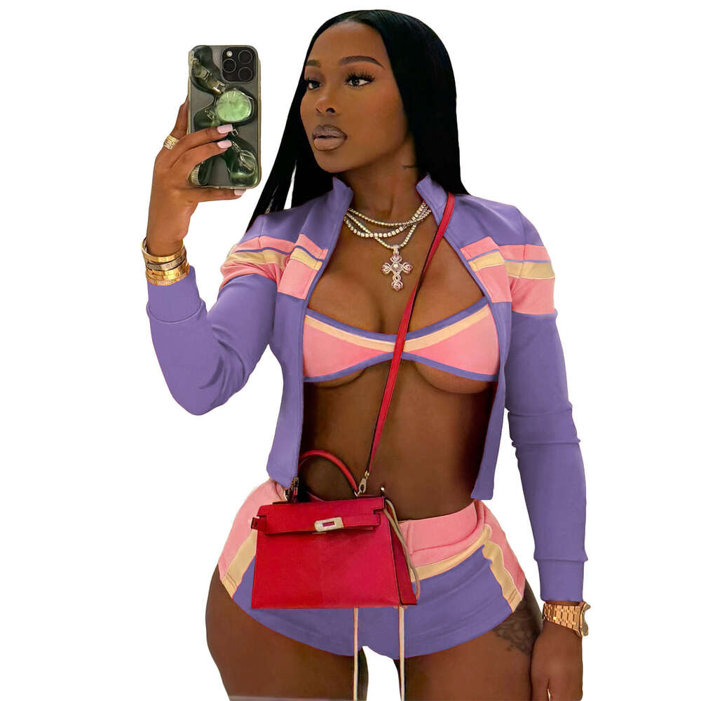 European and American Fashion Women Clothing Printed Patchwork Long Sleeve Off-Shoulder Strap Hot Pants Three-Piece Set for Women