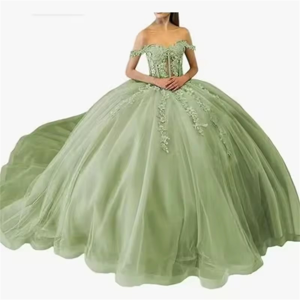 Ball Gown Quinceanera Dresses Green Masquerade Off Shoulder Lace Applique Tulle Customized Sweet 15 16 Princess Birthday Party Gowns Vestidos De 15 An
