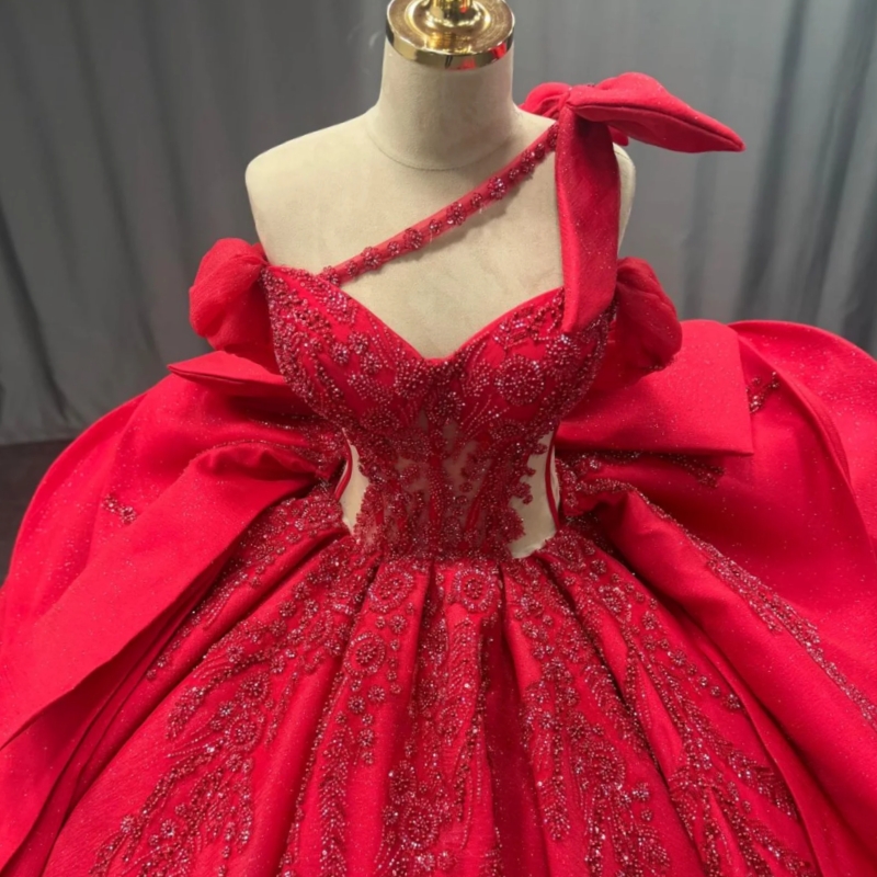 Red Shiny Ball Gown Quinceanera Dresses Off The Shoulder Sequin Applique Bow Beading Corset Tull Party Birthday Sweet 16 Dress Vestidos 15 De Anos