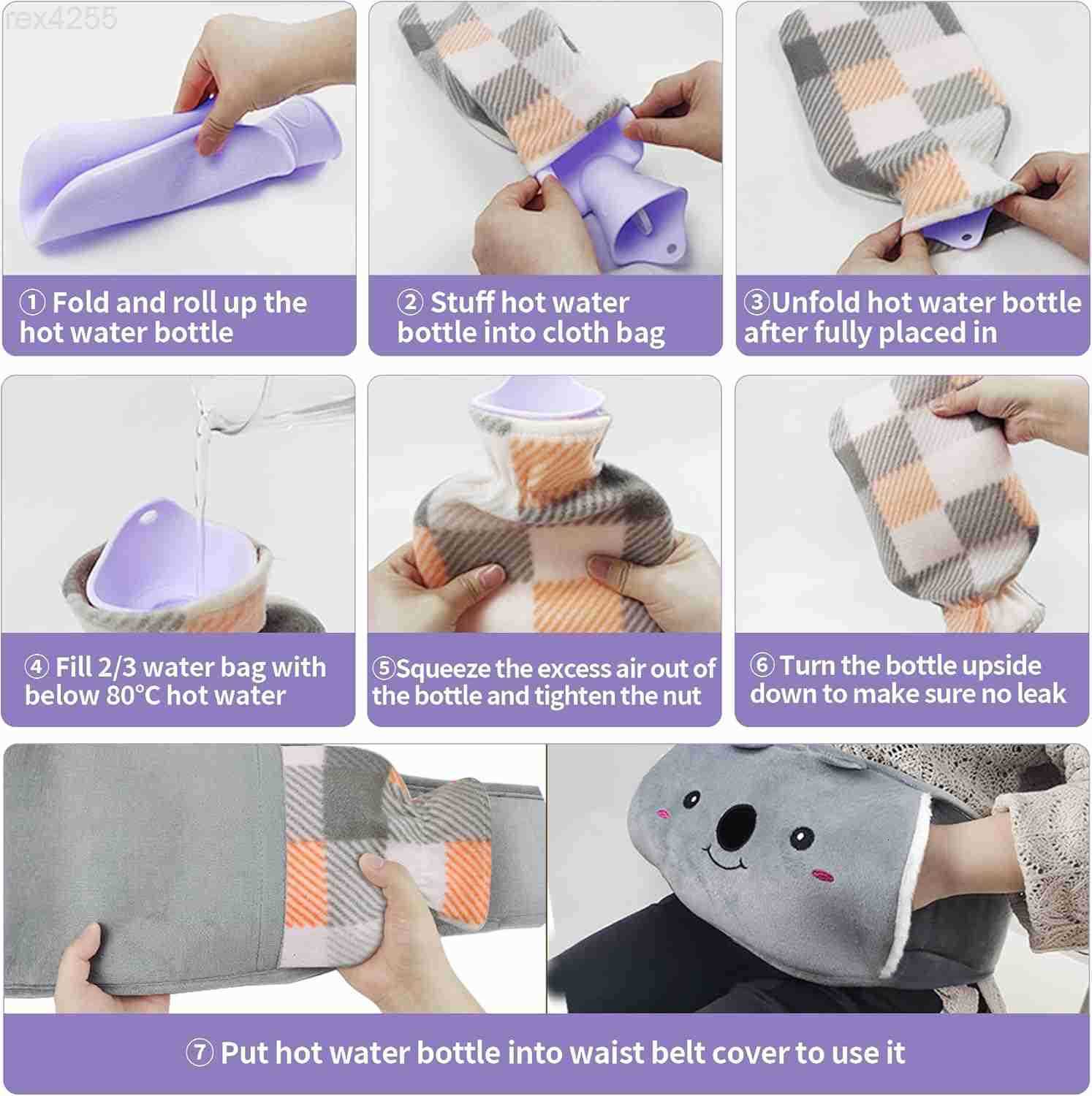 Water Bag Hot Water Bottle wtih Cover 1L Rubber Warm Hot Water Bottles Pouch with 130cm Long Soft Waist Cover for Neck Shoulder Back Hand Legs and Per