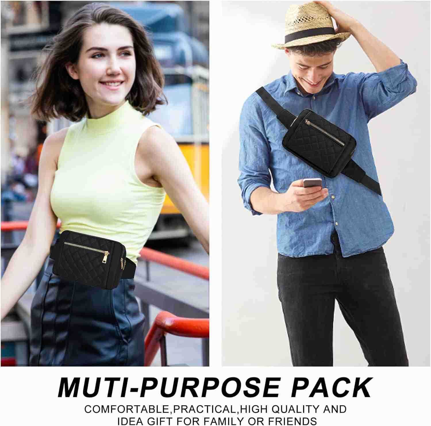 Large Black Fanny Packs for Women Cross Body Waist Bag Nylon Fashionable Fanny Pack Designer Workout Hiking Waist Pack Running Travel Gym Pretty Zippe