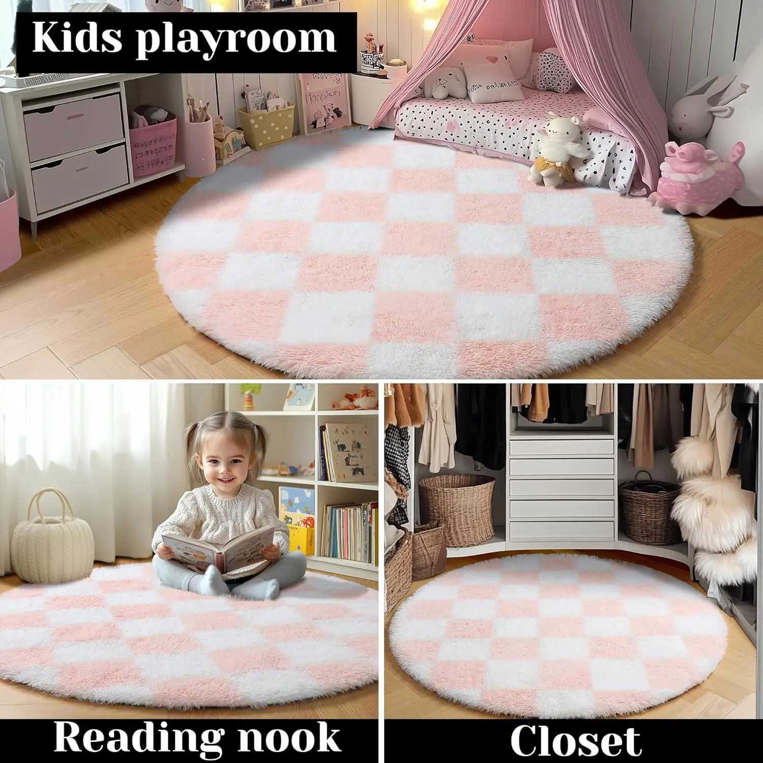 Modern Checkerboard Round Rug Soft Plush Rugs Circular Carpet for Home Decor Nursery Game Mat Childrens Bedroom Bedside Mats C250912