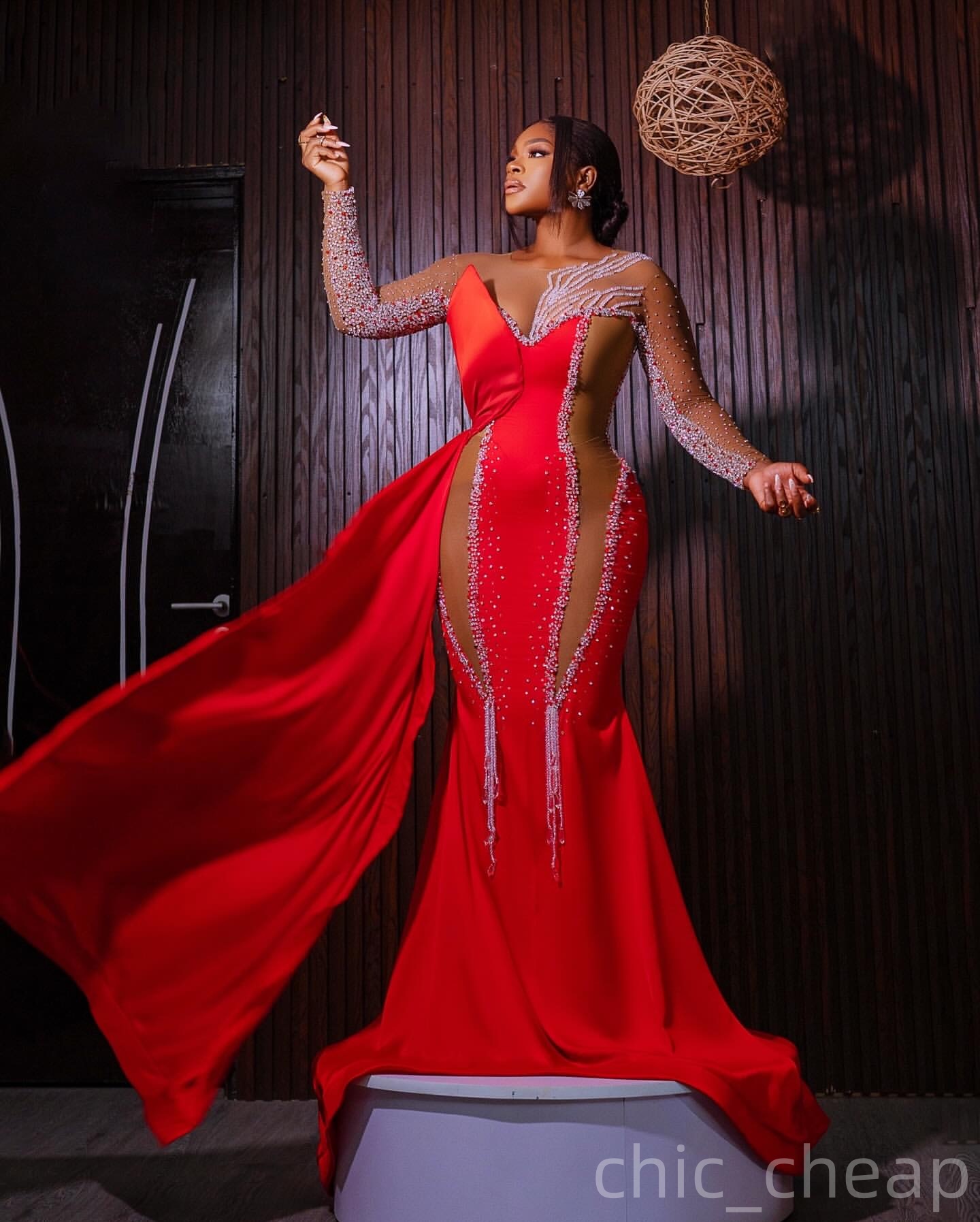 Aso Ebi Red Mermaid Prom Dresses 2025 Beaded Crystals Satin Transparent Evening Formal Party Second Birthday Engagement Gowns Plus Size Dress For Spec