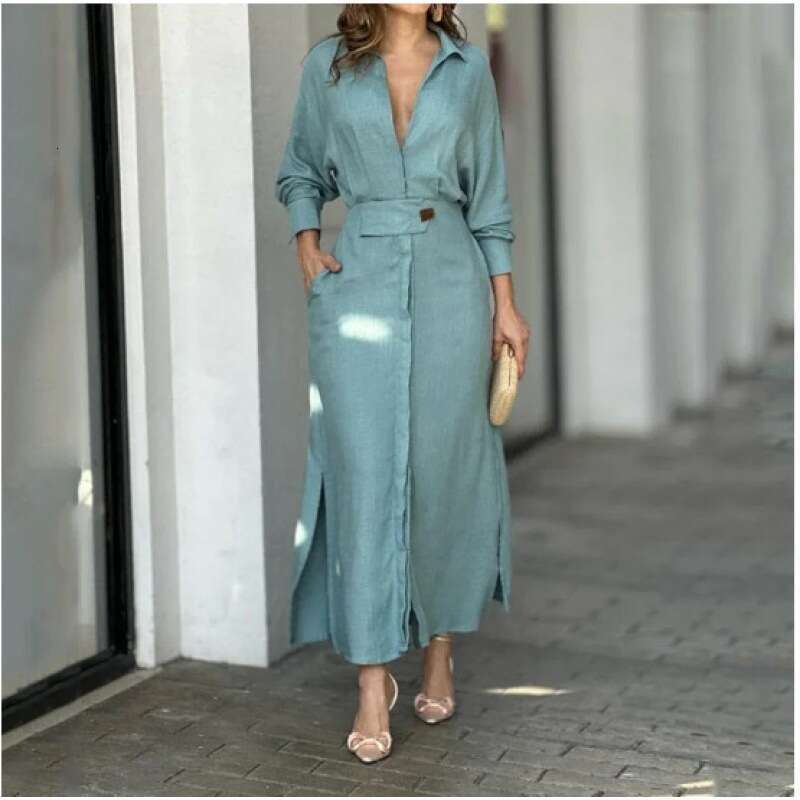 European and American Foreign Trade Women's Fashion Cross-Border Blue Elegant Spring Summer Commuting Long Sleeve Dress
