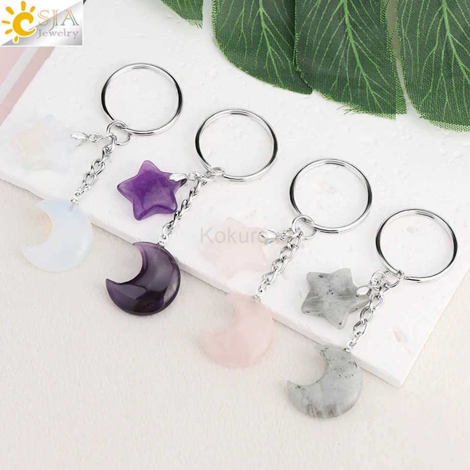 CSJA Healing Natural Stone Keychain Trendy Moon Star Charm Bead Pendant Silver Color Holder Key Ring Car Key Ring Bag Decor H368 M250912