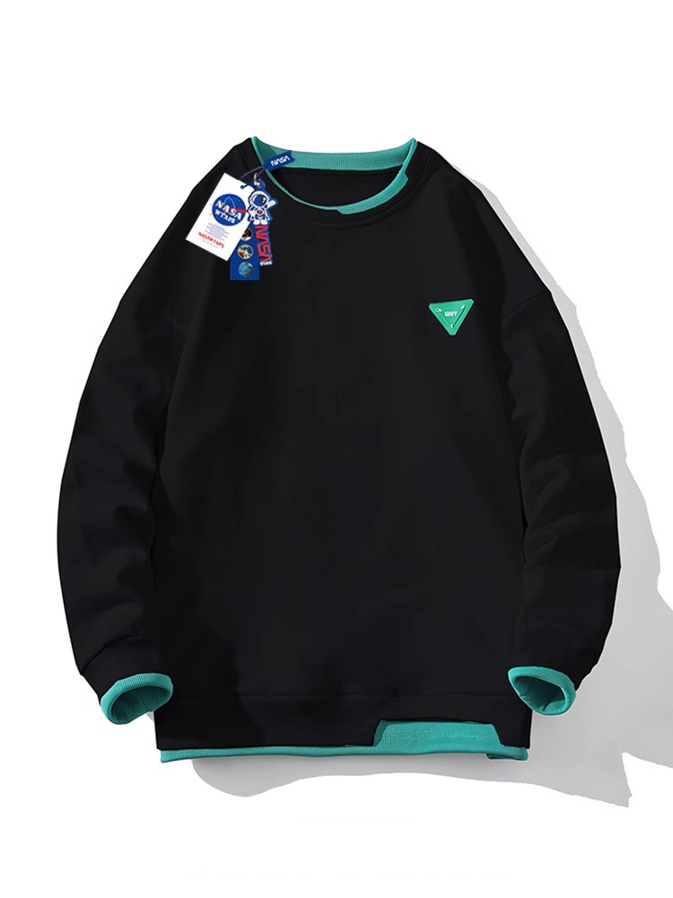 NASA heavy fake two-piece sweater men's spring and autumn new trend loose chest logo round neck long-sleeved bottoming shirt