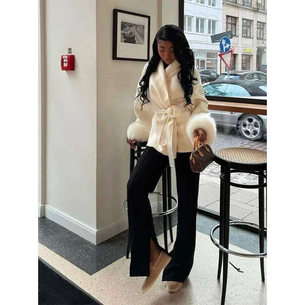 Elegant Lace Up Woolen Short Coat Solid Loose Lapel Furry Belt Long Sleeve Female Jacket 2025 Autumn Winter Lady Chic Cardigan