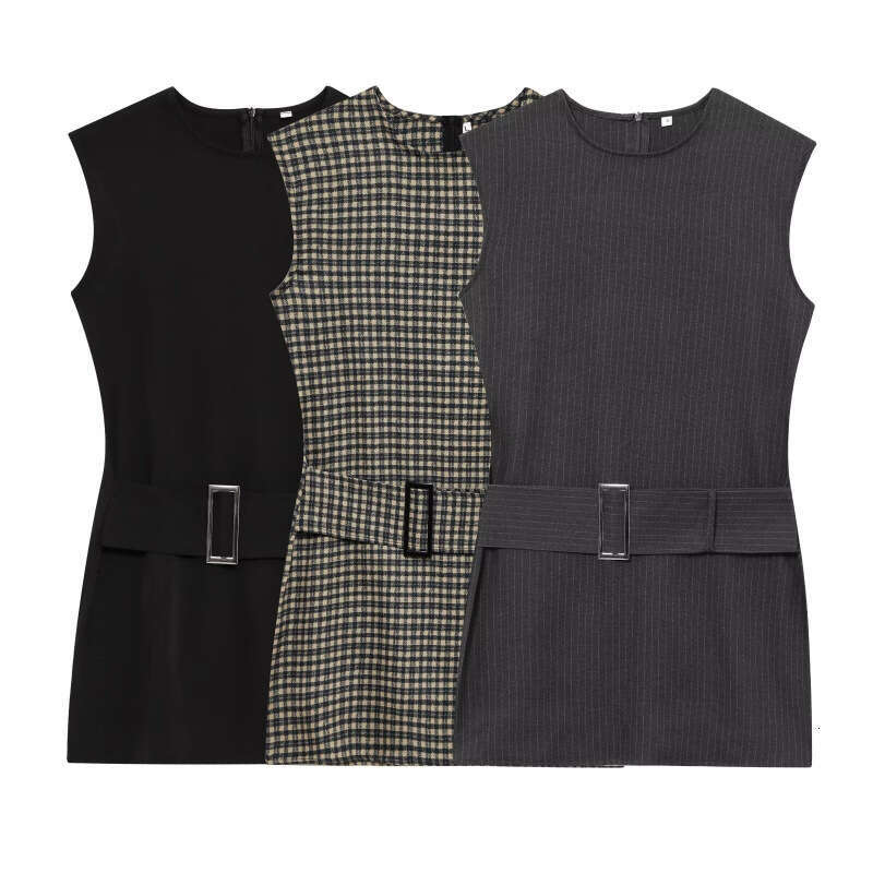 DHEssentials 2025 New Style Women's Fashion Belt Double-Sided Fabric Sleeveless Mini Dress 0264870