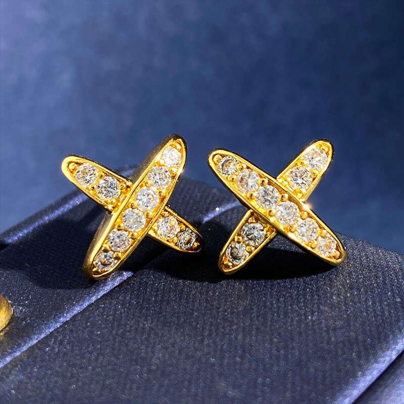 Cross Inlaid Dia X-shaped for Women, Real Gold Plated, Strong Color Retention, Elegant and Versatile High-end Earrings