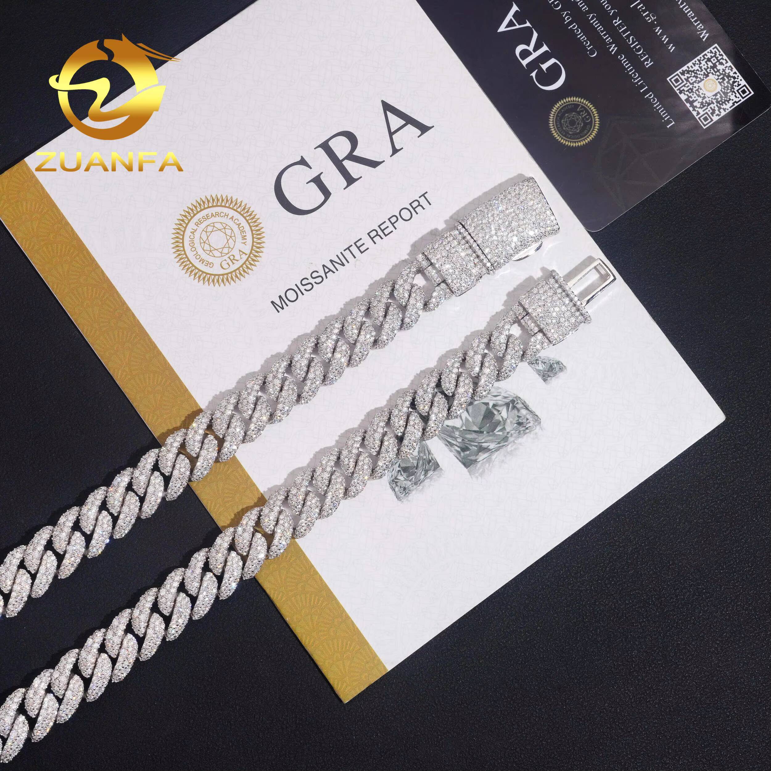 Hip Hop Iced Out Cuban Link Chain 12mm Pass Test VVS Moissanite Solid 925 Sterling Silver Gold Plated Mosaic Set Necklace Chain