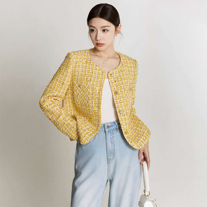DHEssentials Yellow Summer New Light Luxury Woven Chanel Style Jacket for Women Thin Casual Versatile Short Cardigan