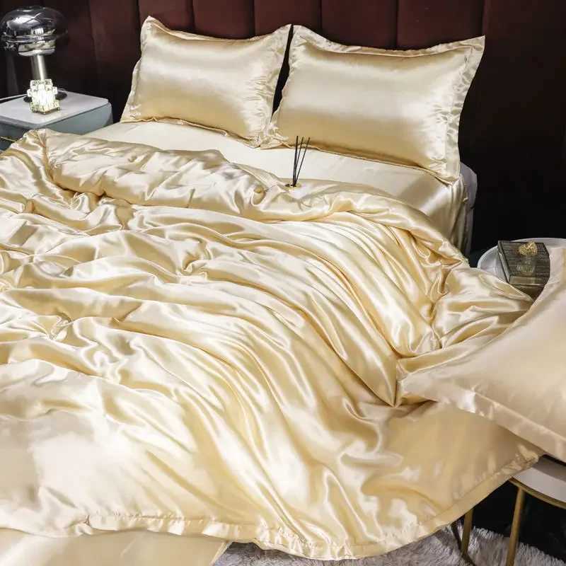 Nordic Satin Silk Bedding Set with Duvet Cover Bed Sheet Pillowcases Luxury Solid Single Double Couple Pillow Case Bedsheet C250912