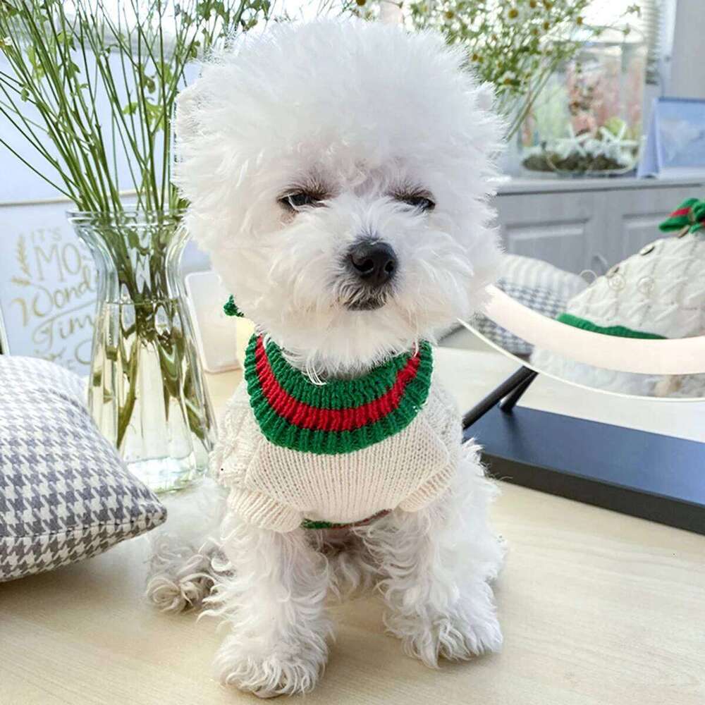 Dog Clothes 1PC Pet Cat Autumn Hollow Red and Green Bow Elastic Pullover Sweater