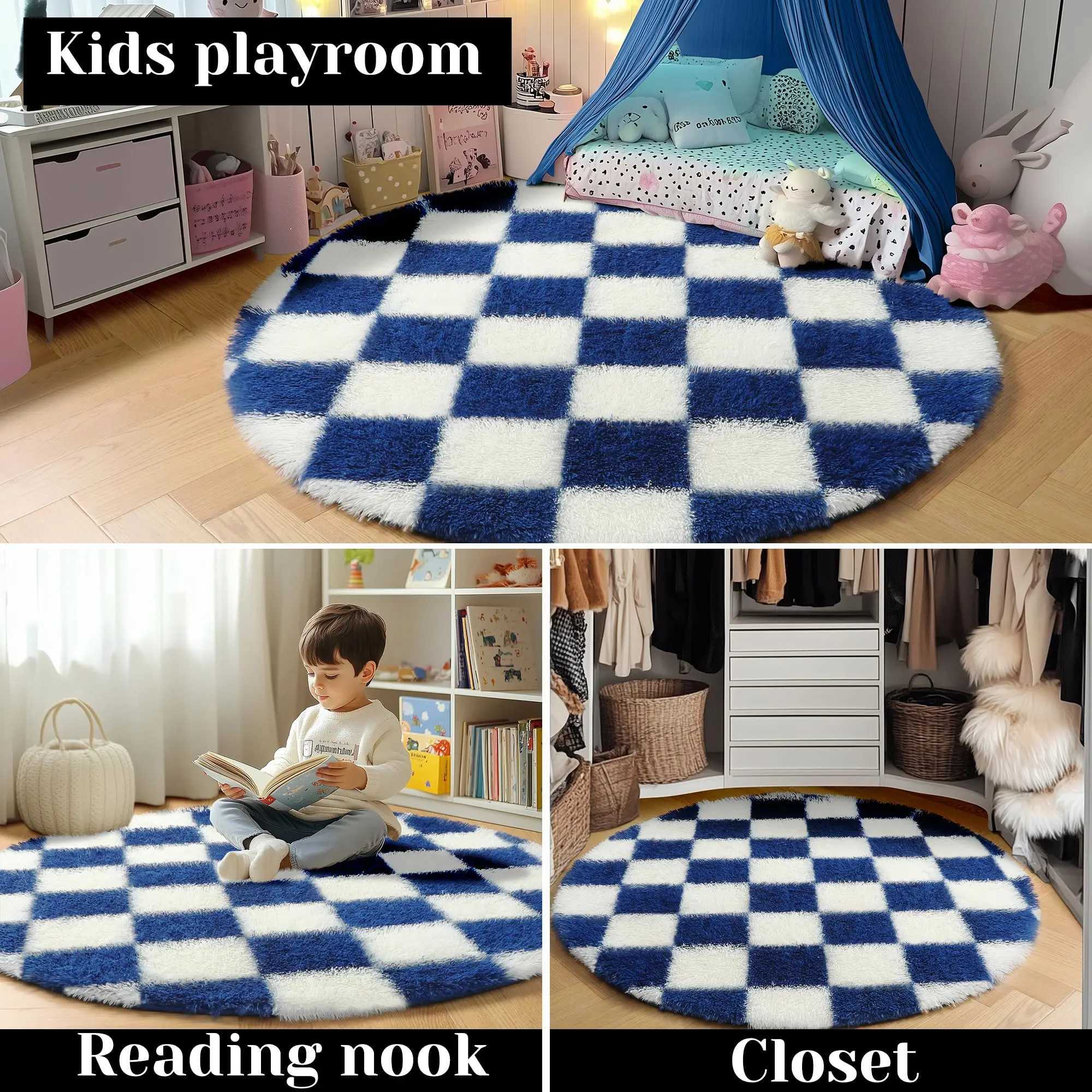 Modern Checkerboard Round Rug Soft Plush Rugs Circular Carpet for Home Decor Nursery Game Mat Childrens Bedroom Bedside Mats C250912
