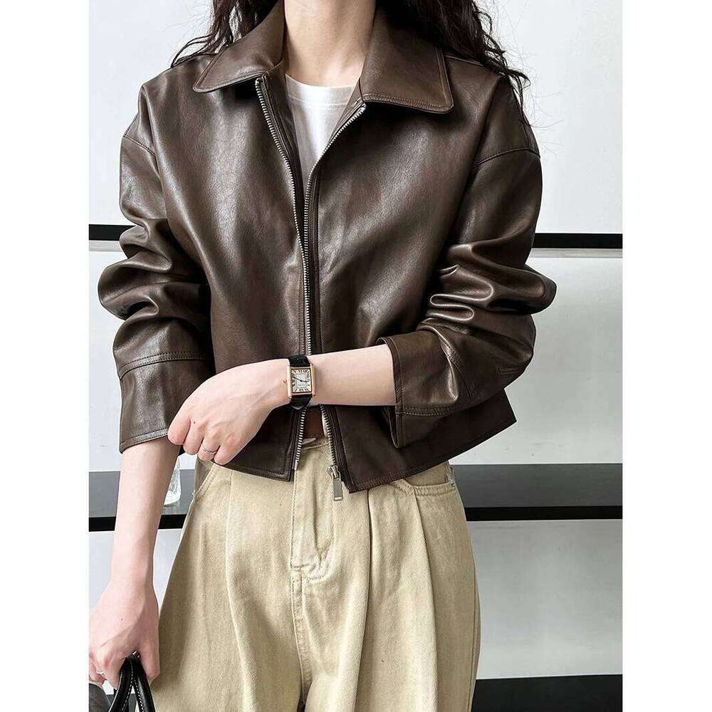 2025 Spring Pu Leather Turn Down Collar Coat Fashion ZIP Classic Jacket Femme Streetwear Women Tops Clothes