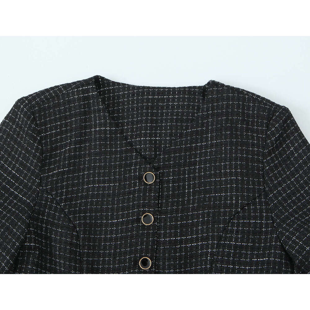DHEssentials 2025 Autumn New French Style Tweed Plaid Small V-neck Elegant Waist-cinching Jacket + Bodycon Skirt