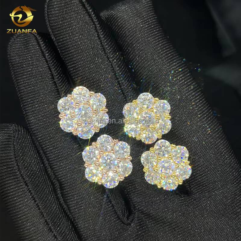 Zuanfa Hot Top Selling Pass Diamond Tester Fine Jewelry 925 Silver 8mm 12mm 15mm Flower Earrings VVS Moissanite Stud Earrings