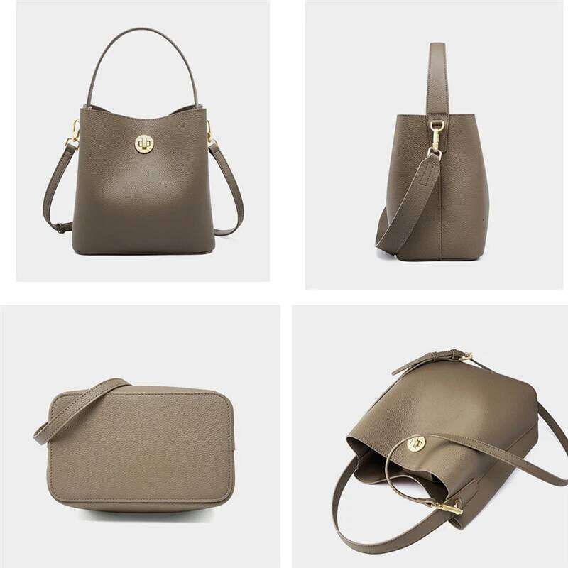 Hifashion Cowhide Genuine Leather Bucket Tote Handbags For Women 2025 Designer Work Office Ladies Shoulder Crossbody Bags