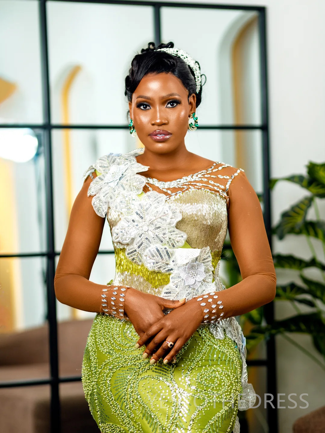 2025 Mermaid Aso Ebi Green Prom Dresses For Black Women Detachable Train Formal Gowns Beaded Lace Sheer Neck Flora Birthday Second Reception Gown AM28