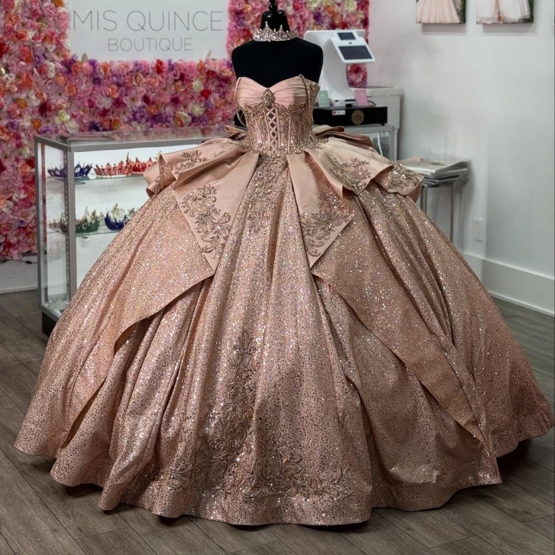 Rose Gold Shiny Ball Gown Quinceanera Dresses Off The Shoulder Applique Lace Beads Corset Tull Party Birthday Sweet 16 Dress Vestidos 15 De Anos