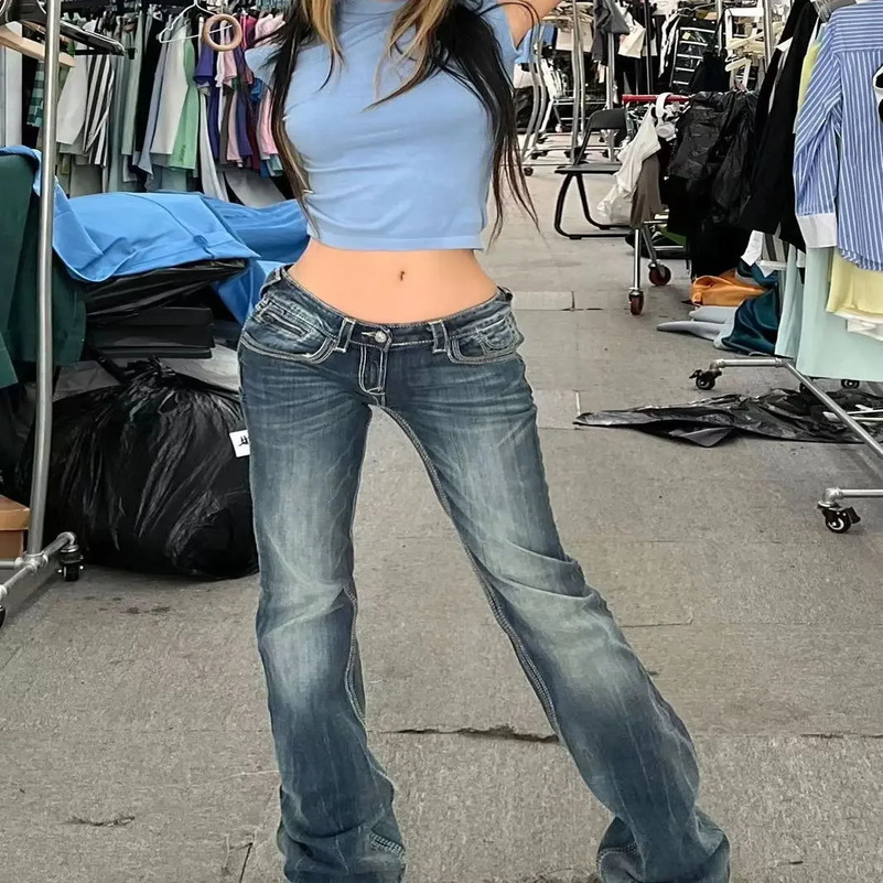 Vintage Streetwear Low Rise Flare Jeans Women Gyaru Harajuku Trashy Y2K Denim Pants 2000s Slim Trousers Pantalones 250911