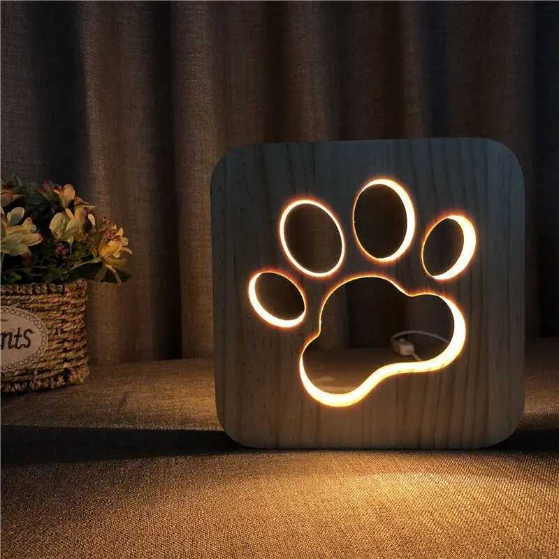 Acecorner LED USB Night Light Wooden Dog Paw Cat Wolf Head Animal Lamp Novelty Kid Bedroom 3D Decoration Table Lights Child Gift C251122