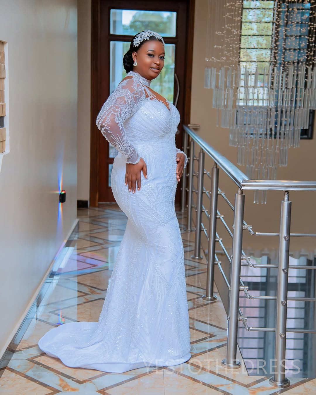 2025 Aso Ebi African Wedding Dress Bridal Gowns For Bride Mermaid High Neck Pearls Illusion Beaded Lace Tires Appliqued Lace Wedding Gowns For Black W