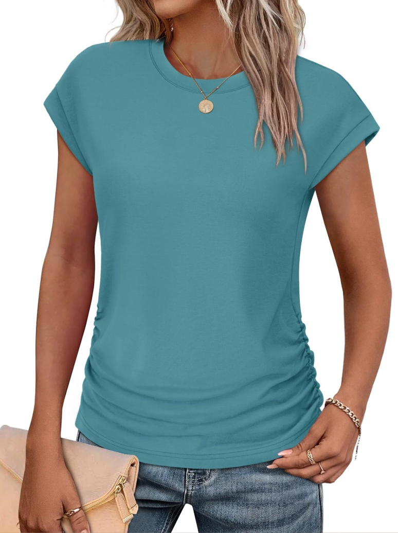 Fashionable Solid-Color Crew Neck Short-Sleeve T-Shirt with Waistline Detail