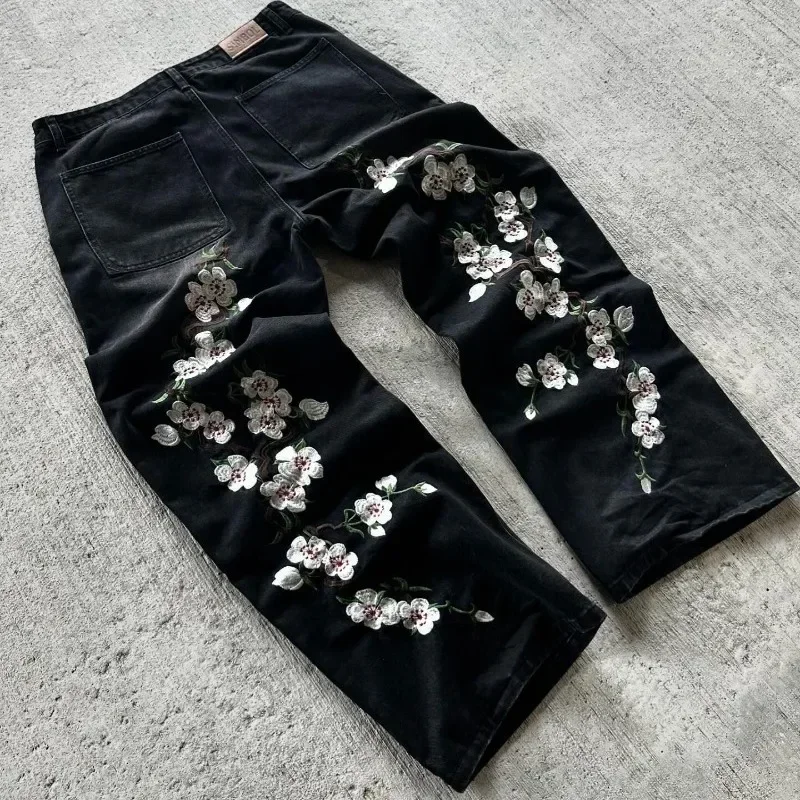 Sakura Embroidered Jeans Wide-leg Pants Y2K Low-waist Hip-hop Clothing Men Women Decorated with Loose Jeans Vintage Style