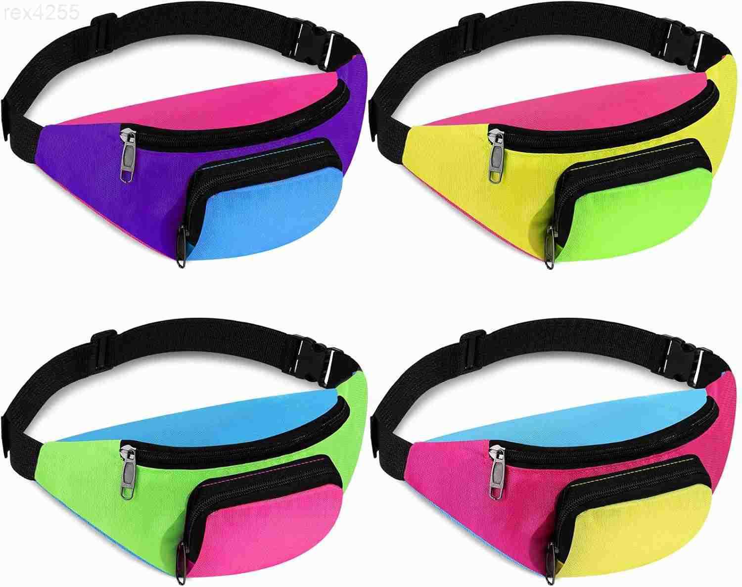 4 Pcs Retro 80s 90s Fanny Pack Retro Belt Bag 2 Pockets Neon Fanny Small Waist Packs for Jogging Traveling Party Costumes Holiday Festival 80s Theme H