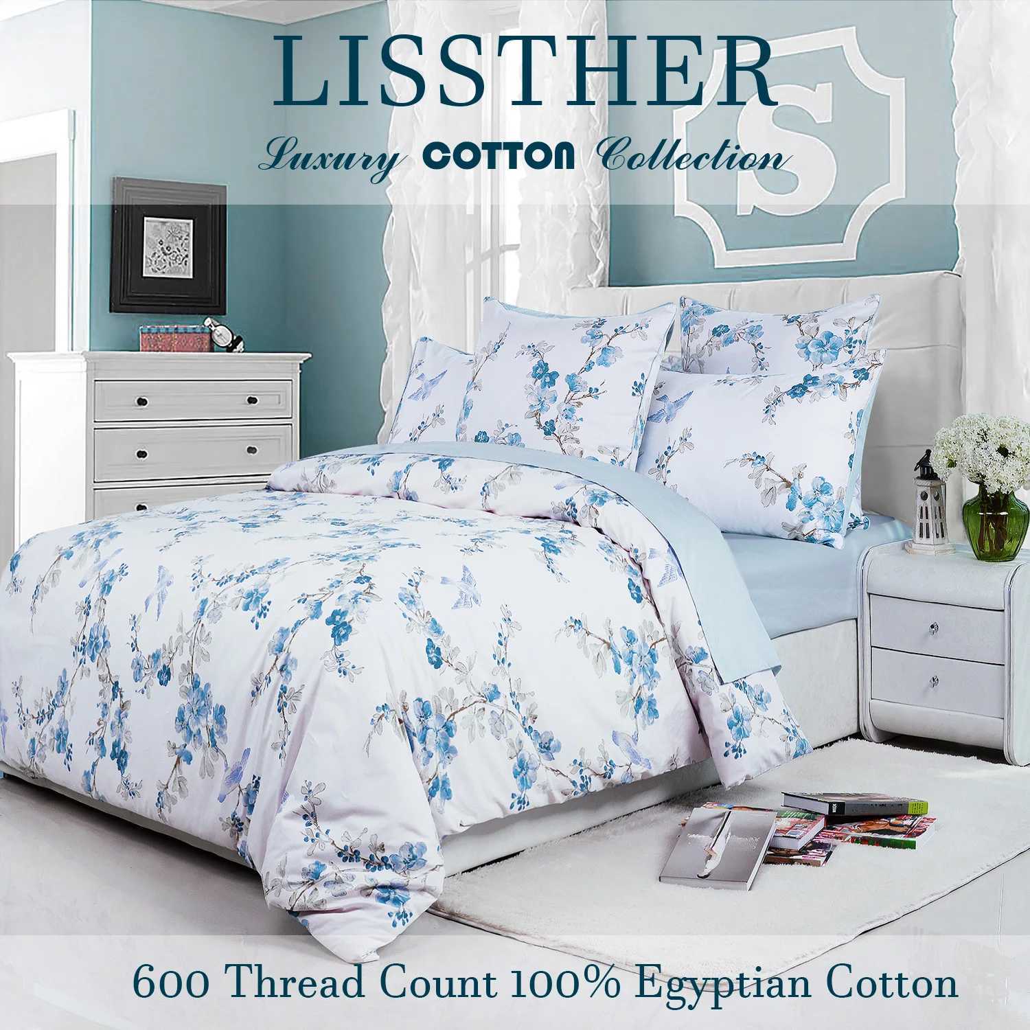3pcs 600TC 100 Egyptian Cotton Duvet Cover Set Blue Watercolor Floral Soft Breathable SkinFriendly No Inserts C250912