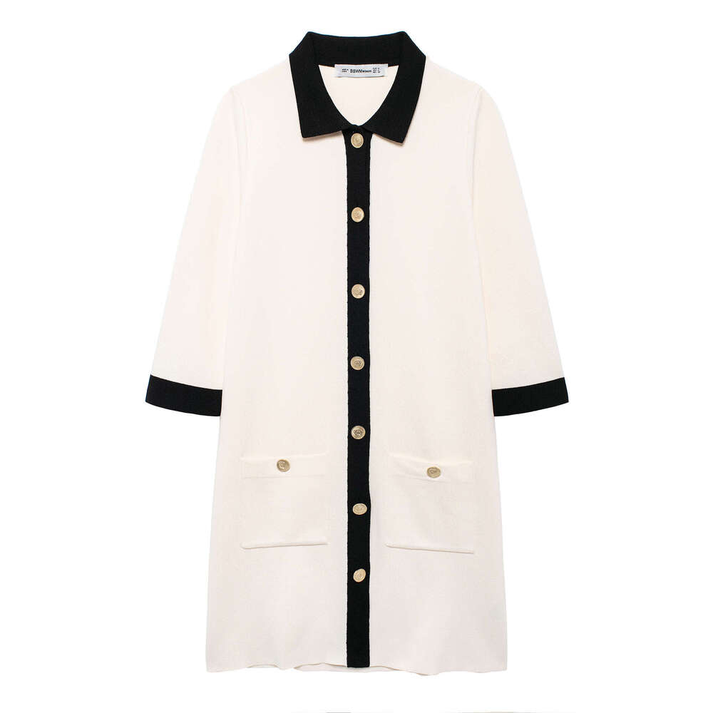 DHEssentials 2025 Summer New Style Little Chanel Black and White Contrast Gold Button Turn-Down Collar Short Sleeve Dress 1822101