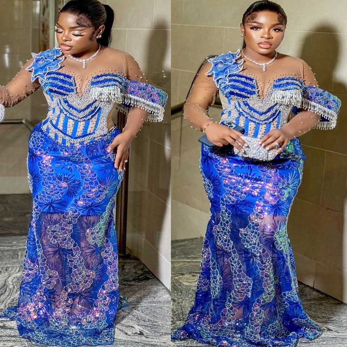 Aso Ebi Royal Blue Mermaid Prom Dresses 2025 Beaded Sequied Tassels Evening Formal Party Second Birthday Engagement Gowns Plus Size Dress For Special 