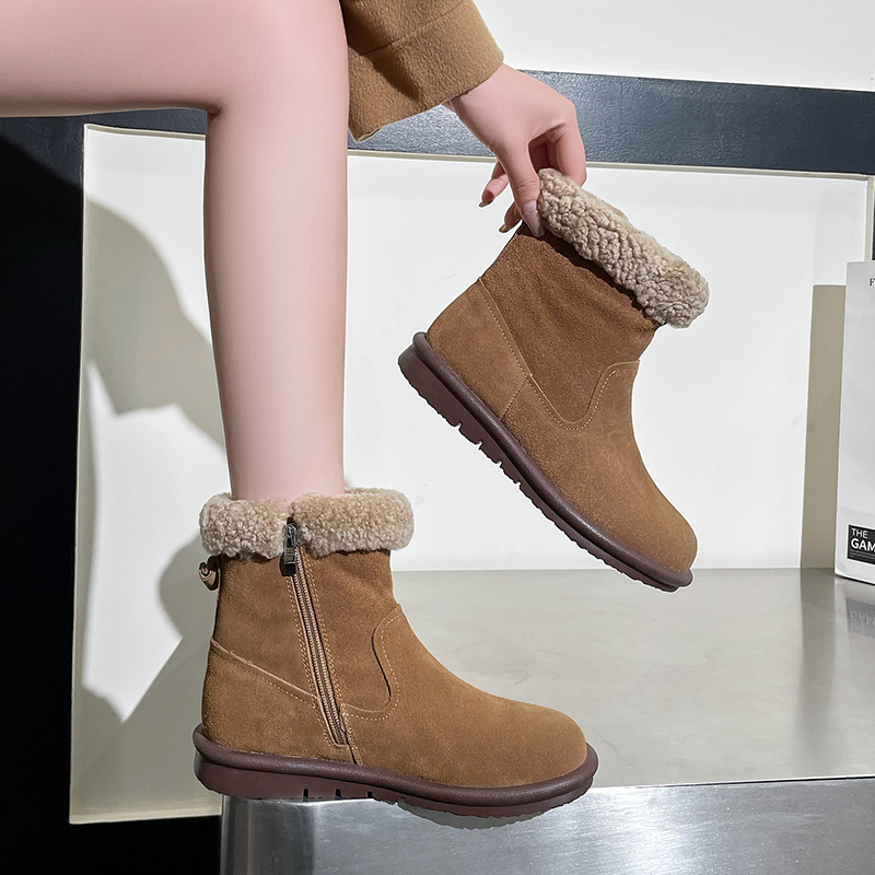 Winter Matte cowhide leather Thickened Insulated Snow Boots Wool-Lined Fleece-Lined Short Boots