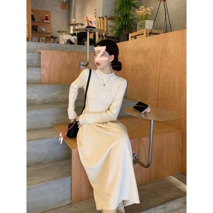 DHEssentials Autumn Winter New French Small Fragrance Color-Block Elegant Long-Sleeve Coat Women Gentle Style Apricot Dress Two-Piece Set