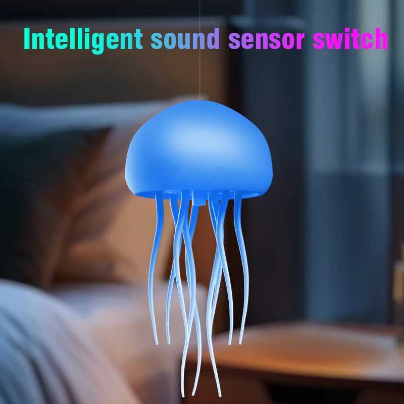 Jellyfish Cartoon LED Nihgt Light Voice Control Gradient Cute Rotating Jellyfish Hanging Bedside Lamp RGB Table Lamps Room Decor C251122