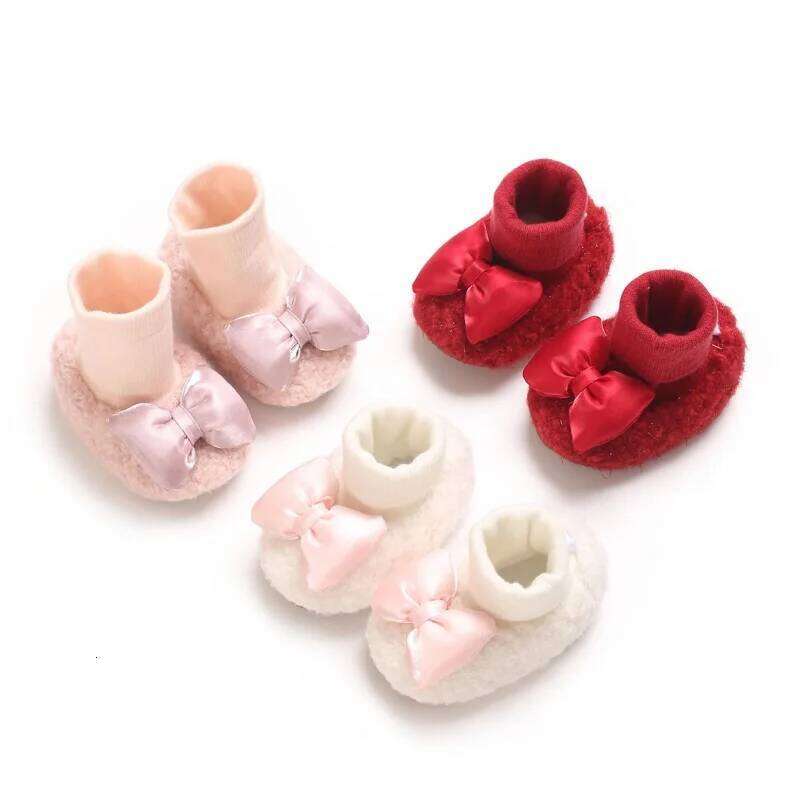 Winter Bow Design Cute Baby Shoes Set for 0-18 Months Girls Cotton Soft Bottom Warm Integrated Socks Female Footwear