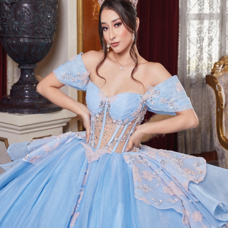 Sky Blue Shiny Ball Gown Quinceanera Dresses Off The Shoulder Sequin Applique Bow Beads Corset Tull Party Birthday Sweet 16 Dress Vestidos 15 De Anos