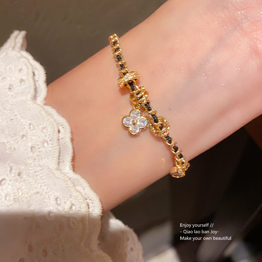 Gold - Toned Bracelet With Braided Chain And Rhinestone Clover & Circle Charms Delicate Daily Chic Jewelry Gift For Her Unique And Fashionable Accesso