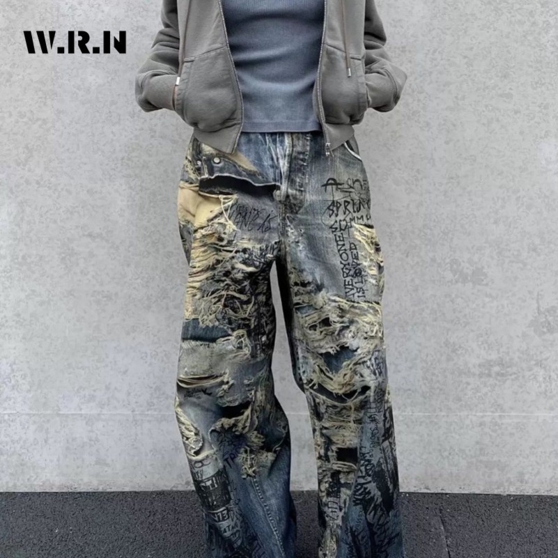 Retro Eclectic Full Length Grunge Street Jean Womens Hiphop Goth Dark Damage Mop Pants Emo Casual Y2K 3D Denim Trouser 250911