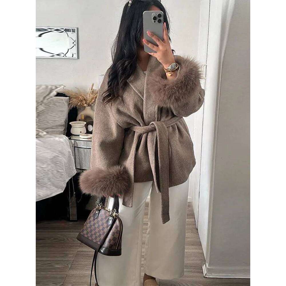 2025 Chic Lapel Plush Coat With Belt Women Vintage Solid Faux Fur Sleeve Tweed Open Coats Female Autumn Casual Street Outwear