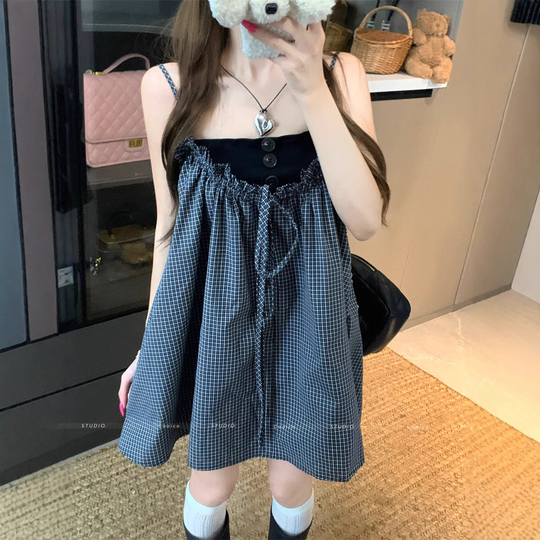 D15533 White Moonlight French Style Wood Ear Lace-up Plaid Suspender Dress for Women Summer