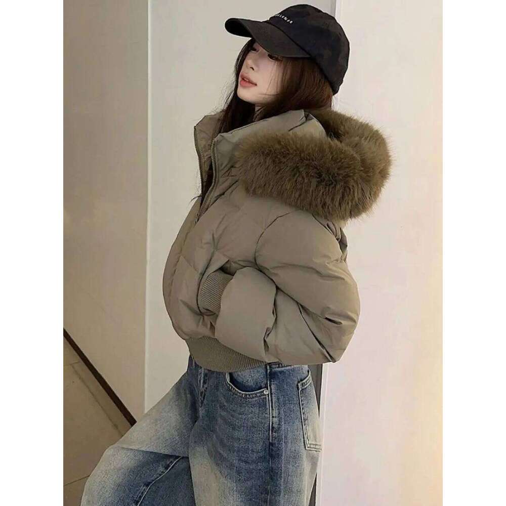 2025 New Big Fur Collar Hooded For Men Women American Trendy Haruku Loose Warm Waisted Short Coat Winter Retro Jacket