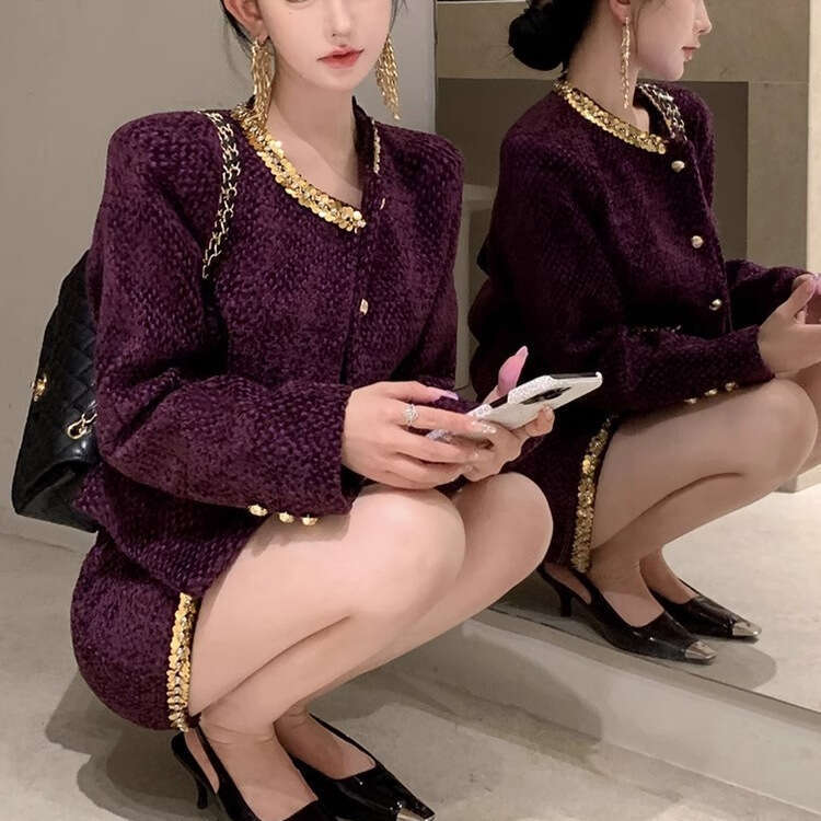 DHEssentials French Rich Lady Socialite Little Chanel Style Set 2025 Autumn Winter New Black Sequin Woolen Blazer for Women